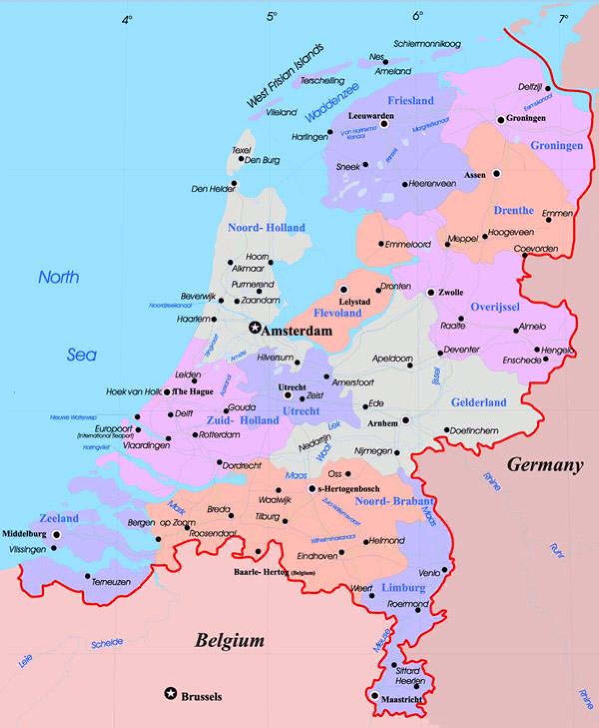 خريطة هولندا مع المدن الرئيسية